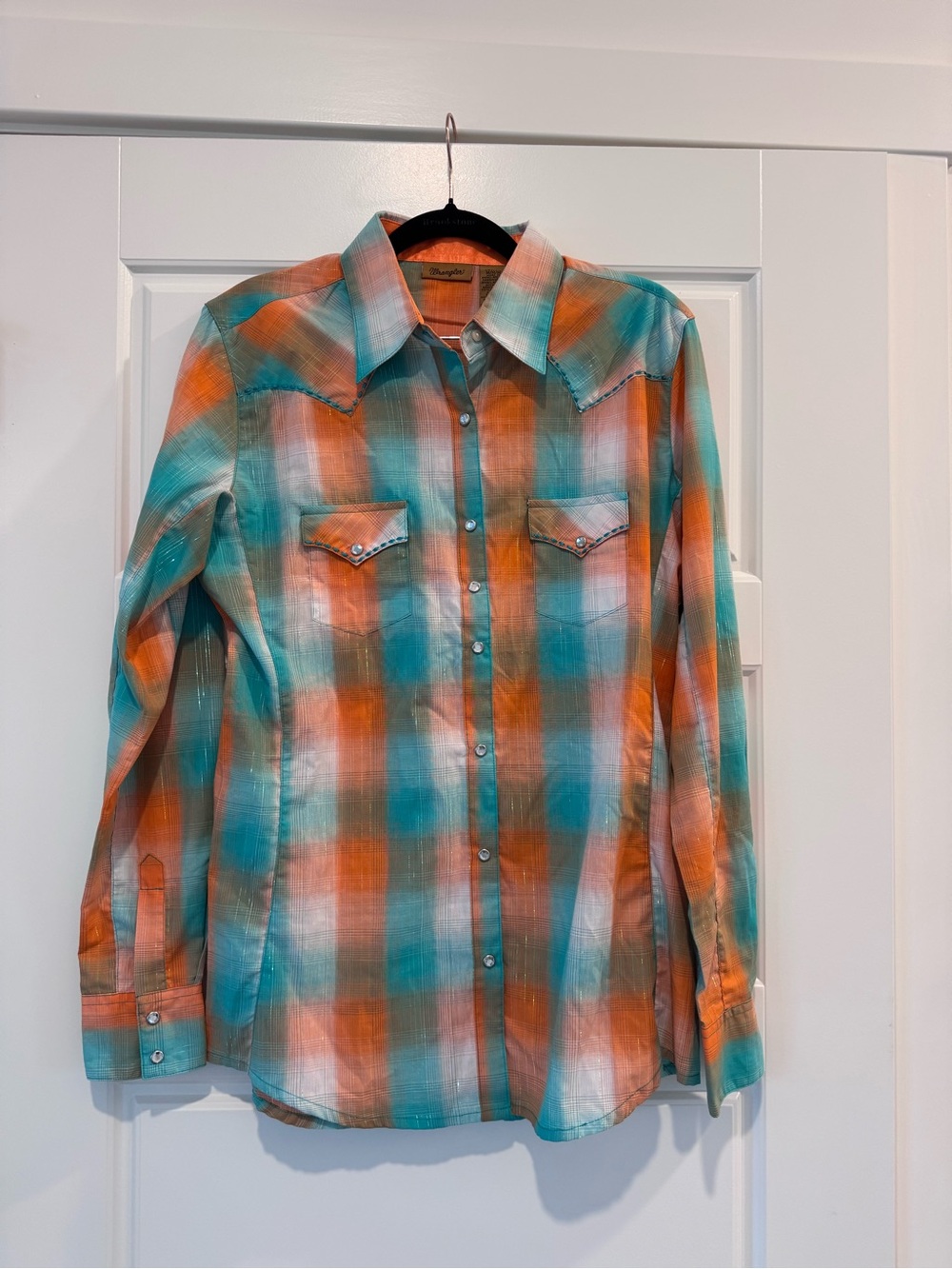 Wrangler Western Plaid Rhinestone Snap Shirt Turquoise Orange Size M - Picture 3 of 10